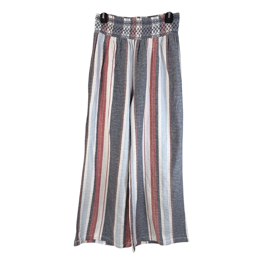 Style‎ Me Pants Women's Large Blue Striped Linen Blend Wide Leg Beachy